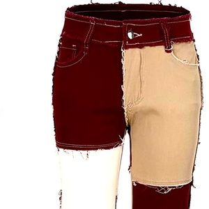 Womens Patchwork Straight Leg Jeans Mid Rise